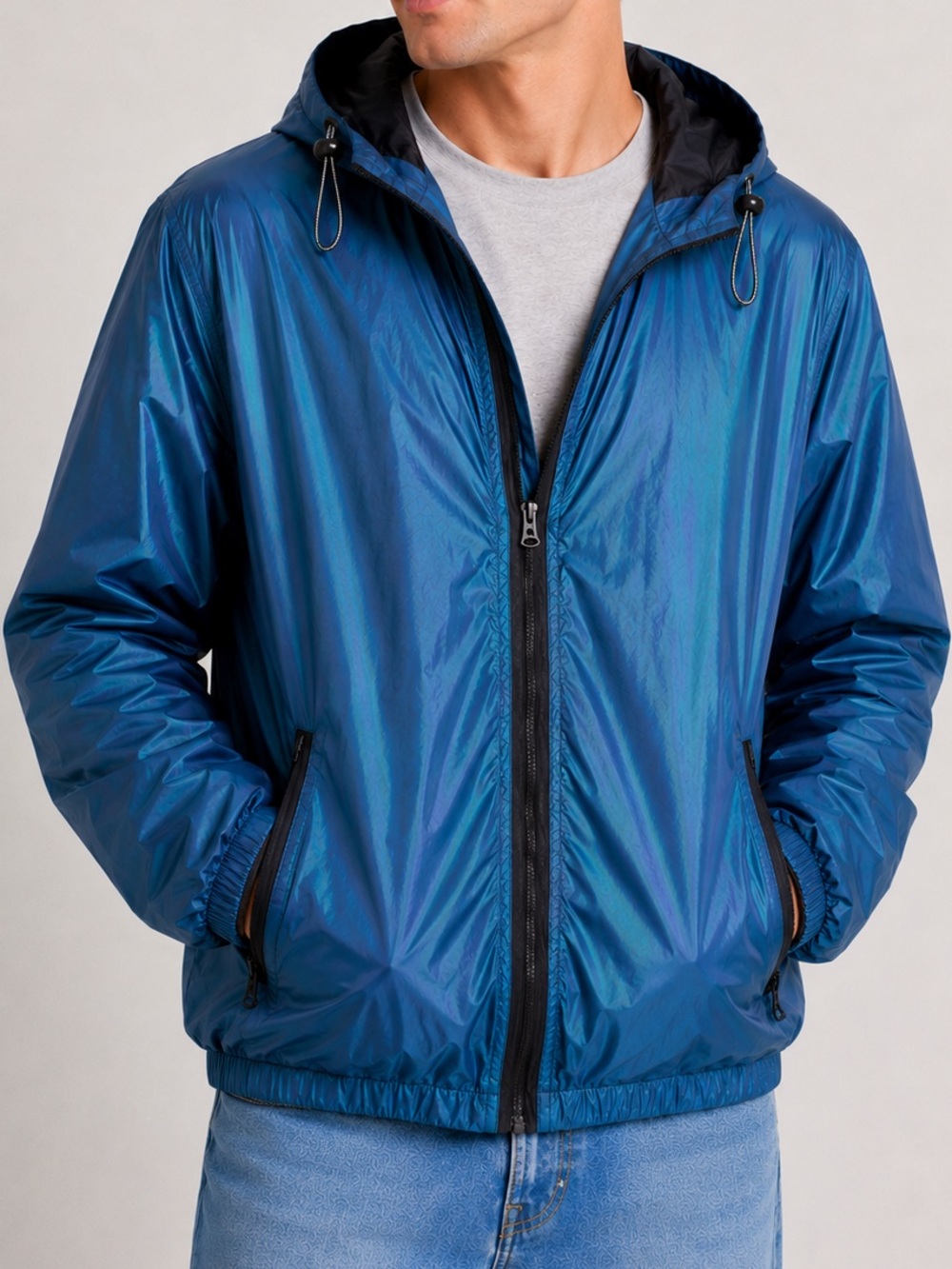 American Eagle metallic blue Hooded Full zip‎ Rain Jacket Sz medium